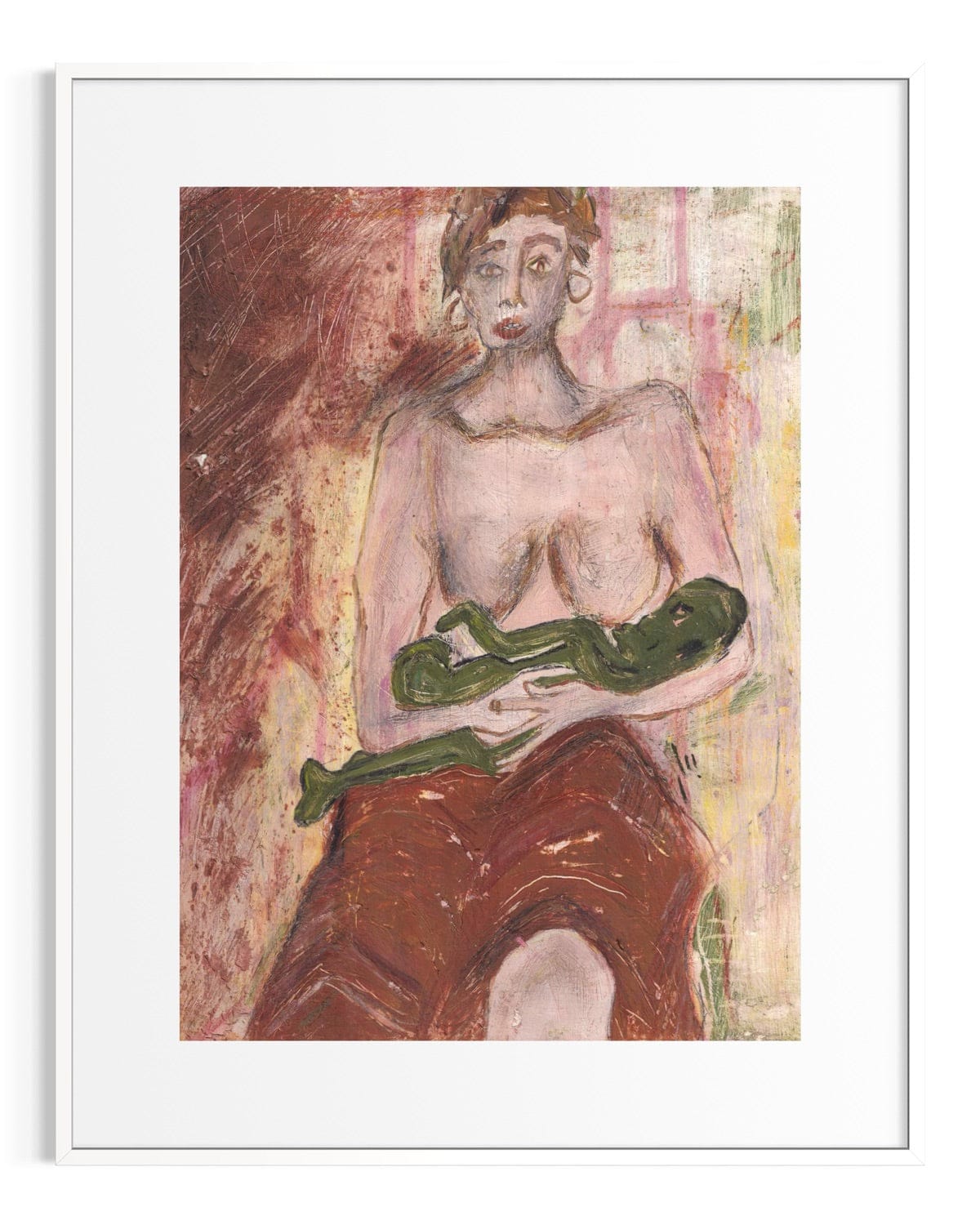 Artistic depiction of a nude figure holding a green object against a textured background