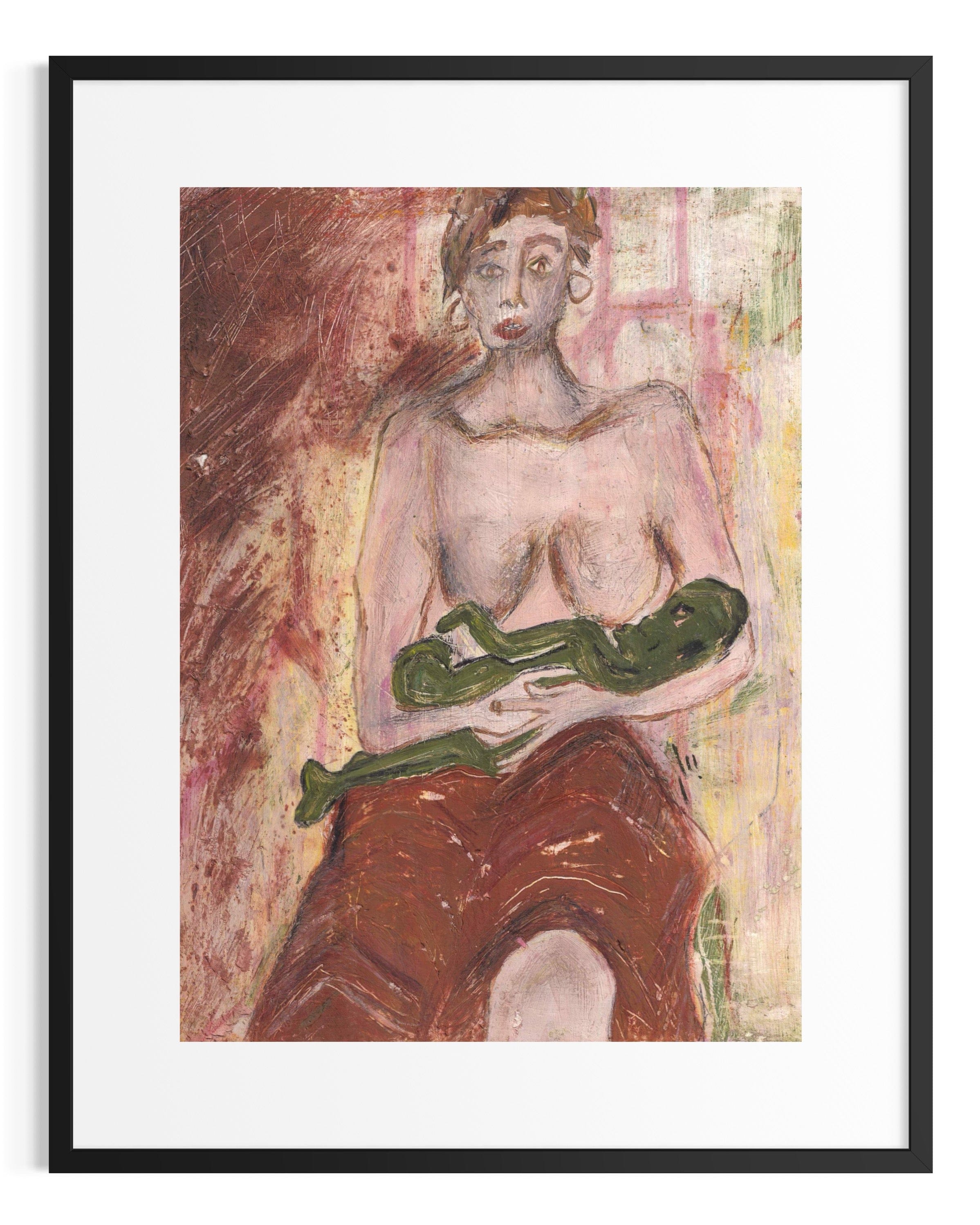 Framed artwork of a nude figure holding a green snake against a textured background