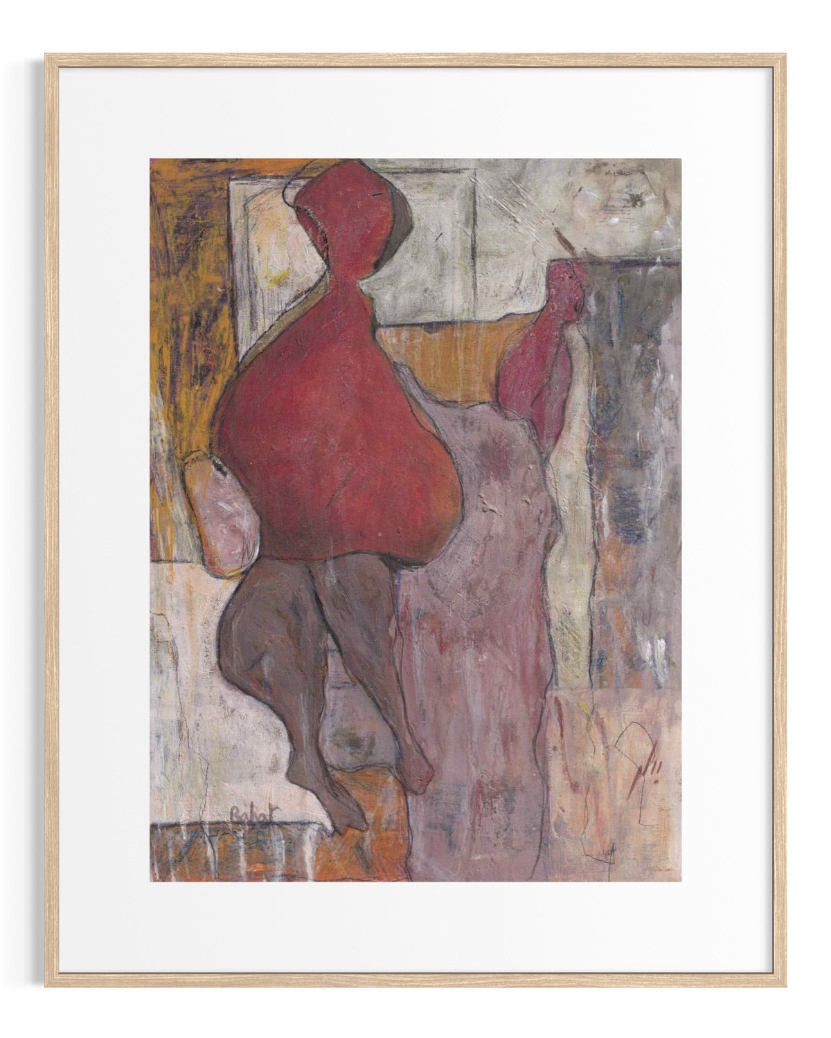 Framed abstract artwork with a red figure and textured background