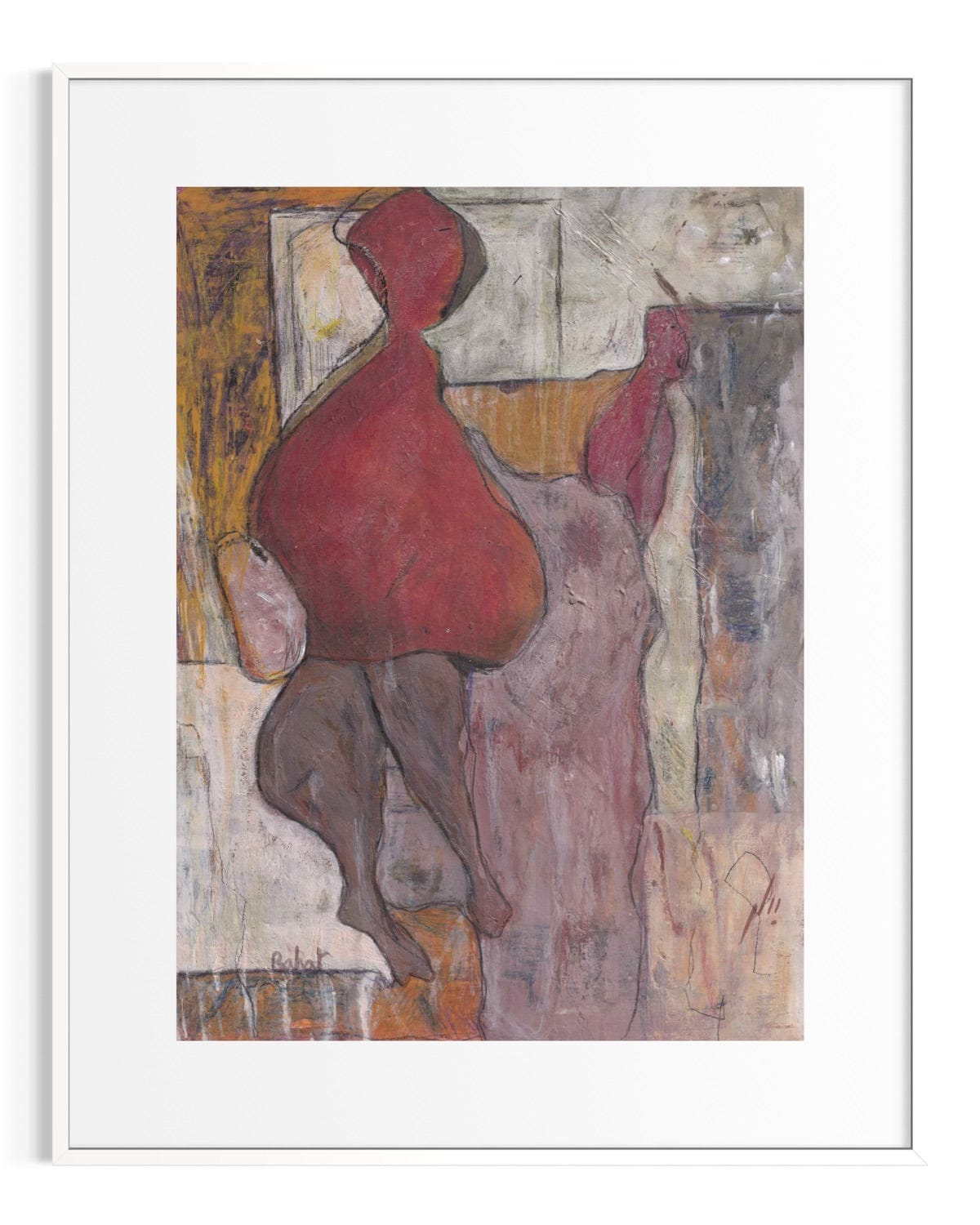 Framed abstract artwork with a red figure and textured background