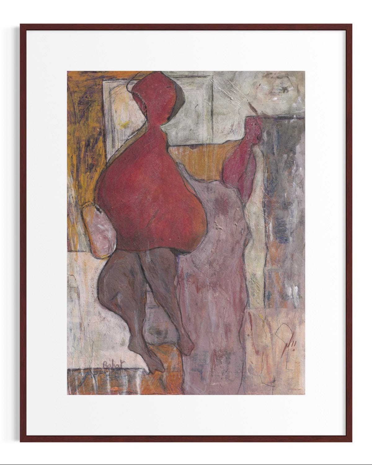 Abstract artwork with a red figure and textured background