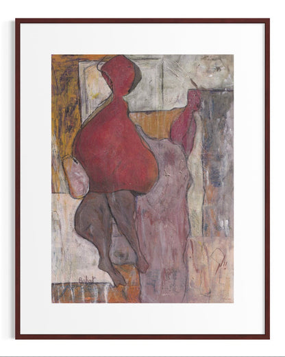 Abstract artwork with a red figure and textured background