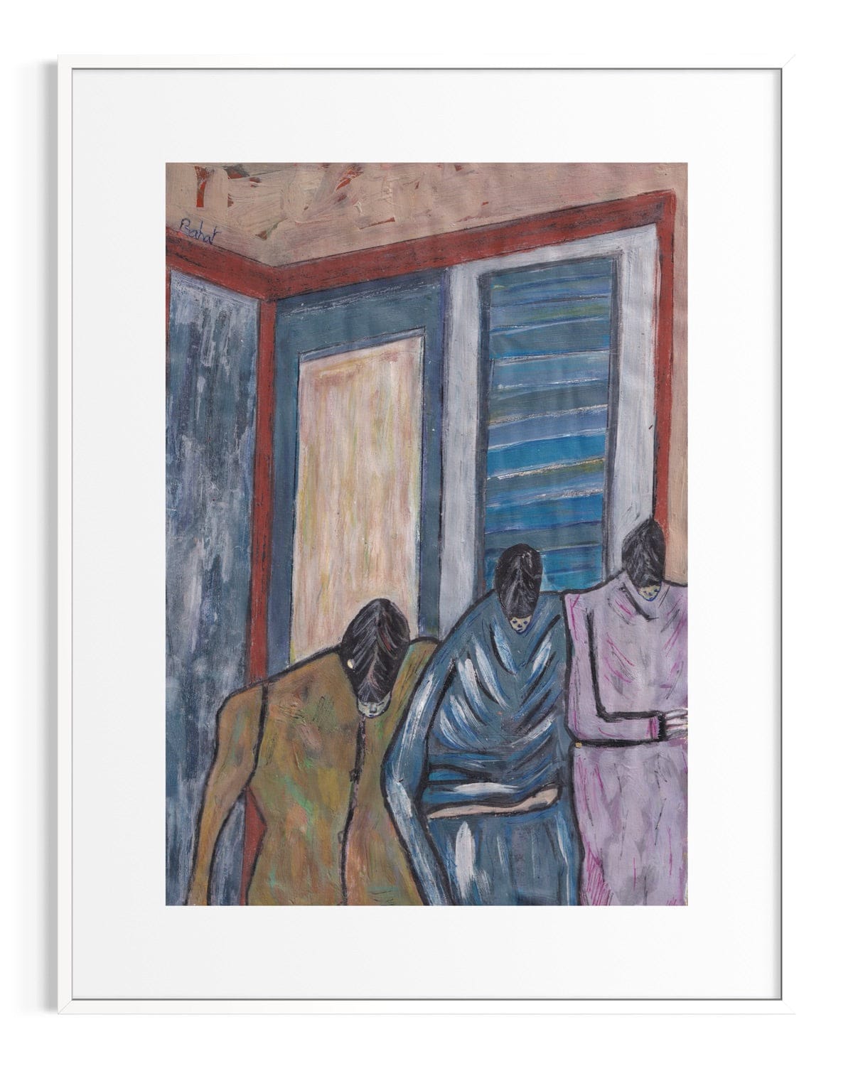 Artistic depiction of three figures in a room with abstract elements