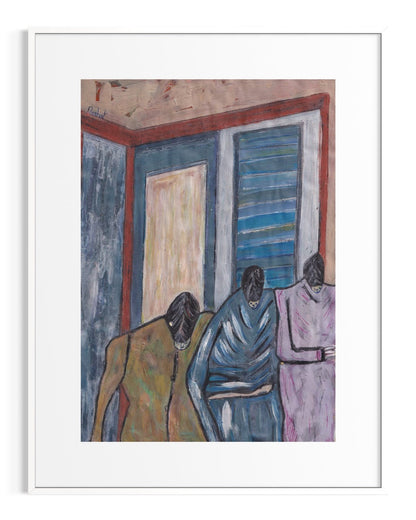 Artistic depiction of three figures in a room with abstract elements