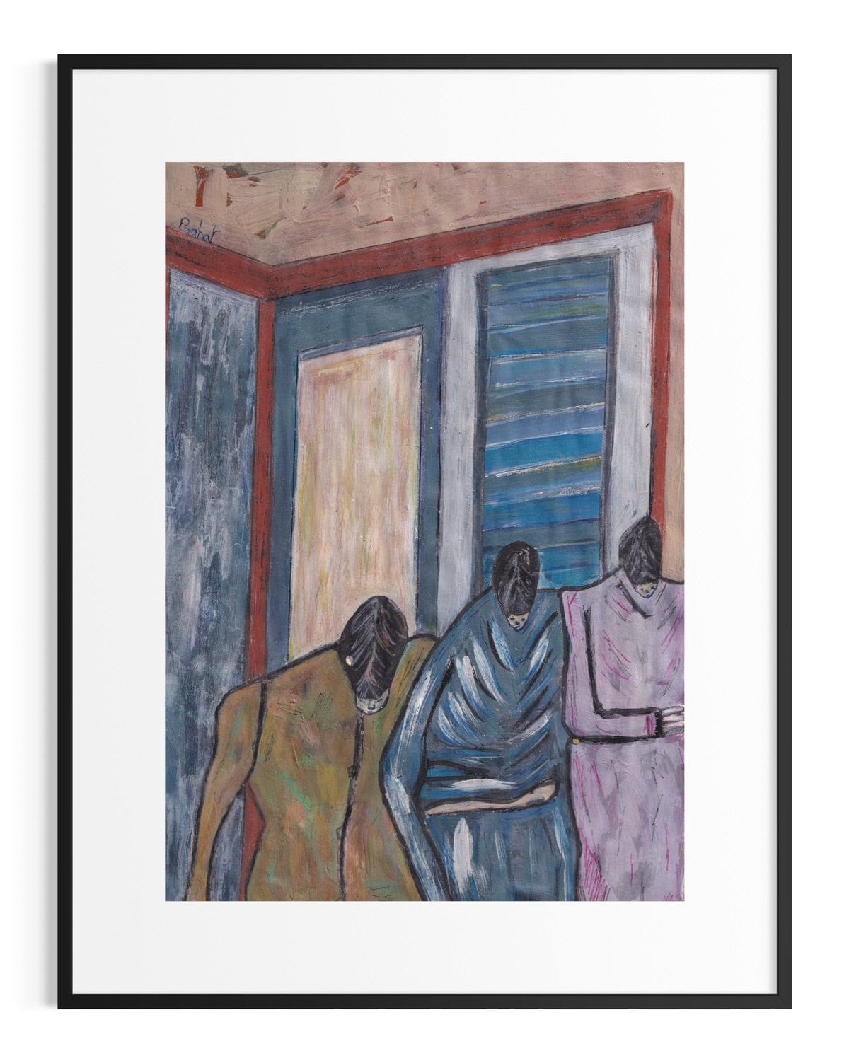 Framed artwork of three figures in a room with abstract elements.