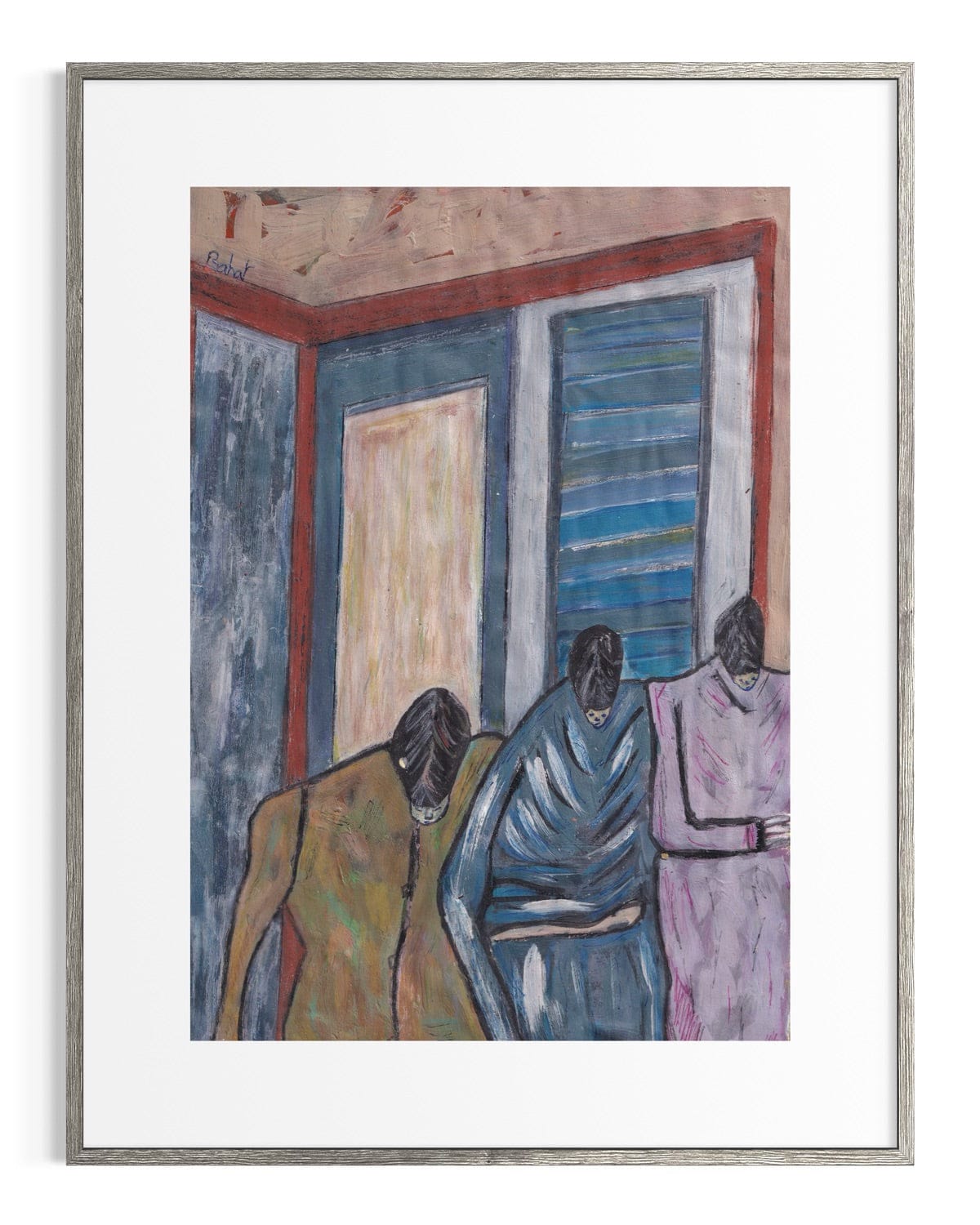 Framed artwork of three figures in a room with abstract elements.
