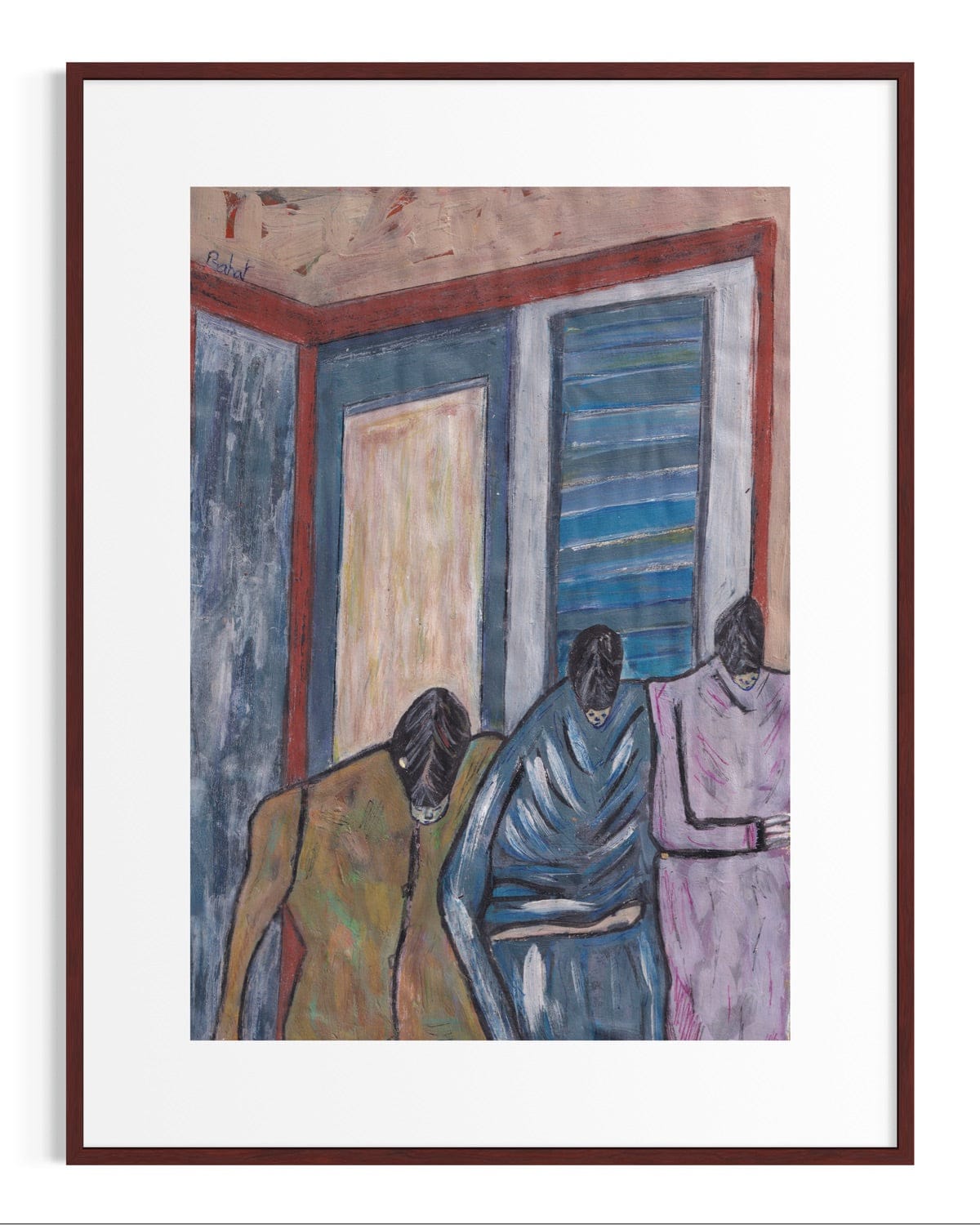 Framed artwork of three figures in a room with abstract elements.