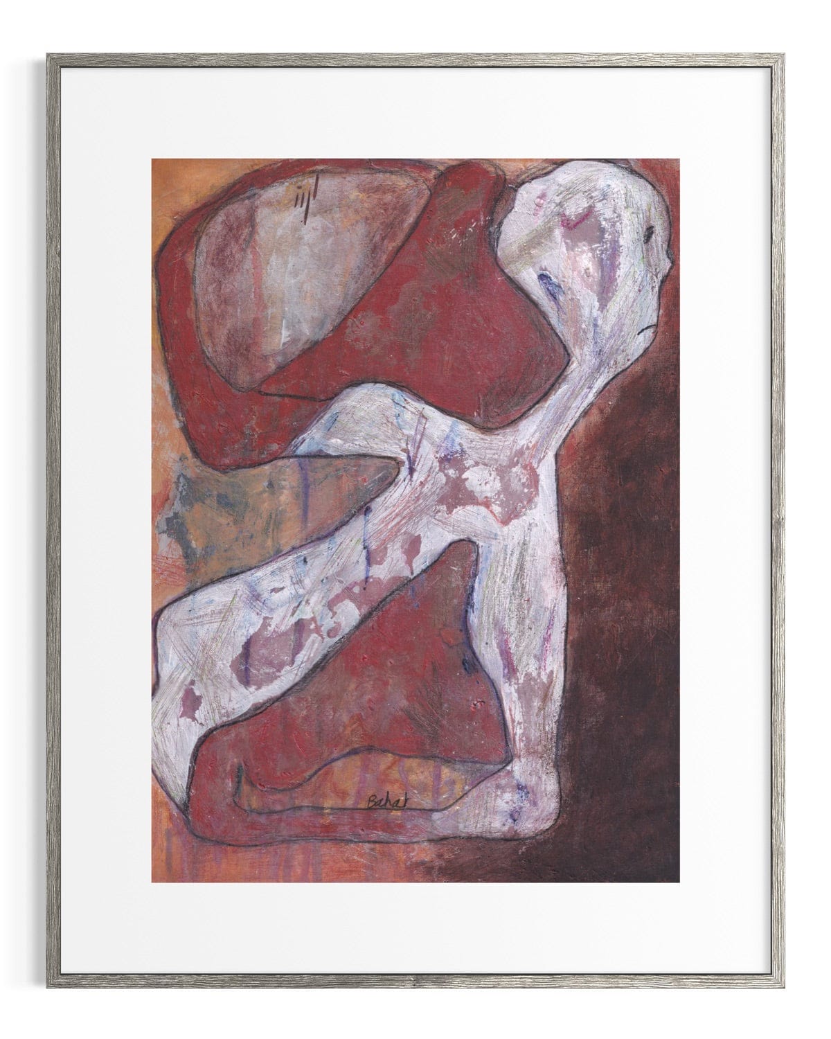 Abstract artwork with a white figure on a brown background, framed in silver.