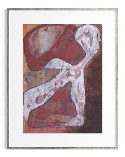 Abstract artwork with a white figure on a brown background, framed in silver.