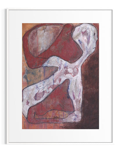 Abstract artwork with a white figure on a brown background