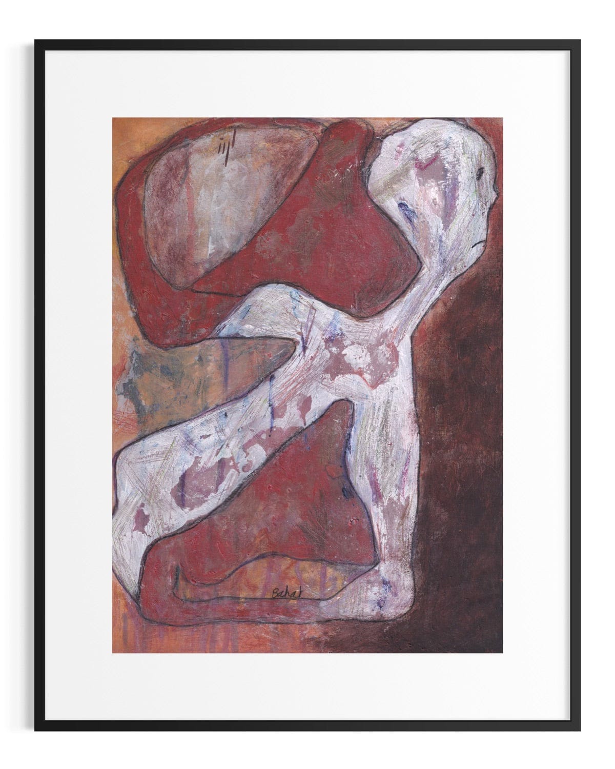 Abstract artwork with a white figure on a brown background