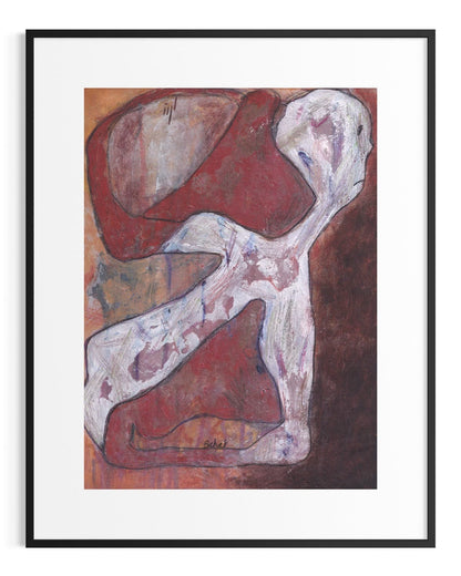 Abstract artwork with a white figure on a brown background