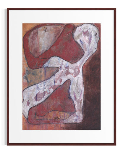Abstract artwork with a figure in red and white on a brown background, framed in brown.