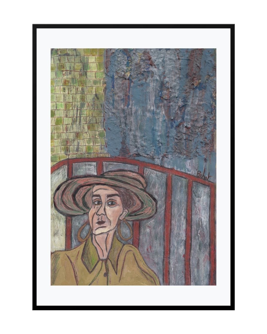 Expressionist painting titled "Aunt Juliet," portraying a whimsical woman with a dreamy, reflective expression