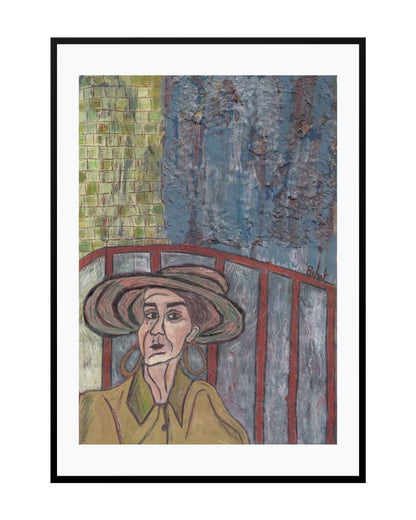 Expressionist painting titled "Aunt Juliet," portraying a whimsical woman with a dreamy, reflective expression