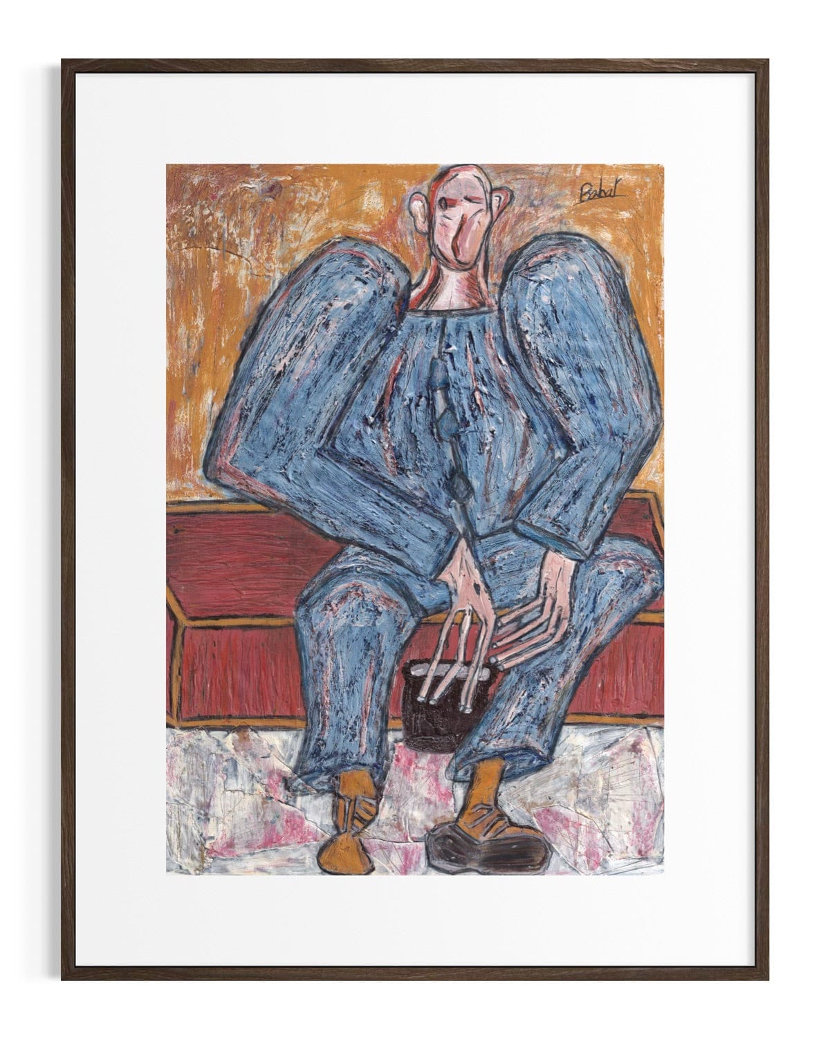 Framed artwork of a person in a blue outfit sitting on a red bench.