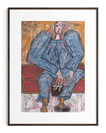 Framed artwork of a person in a blue outfit sitting on a red bench.