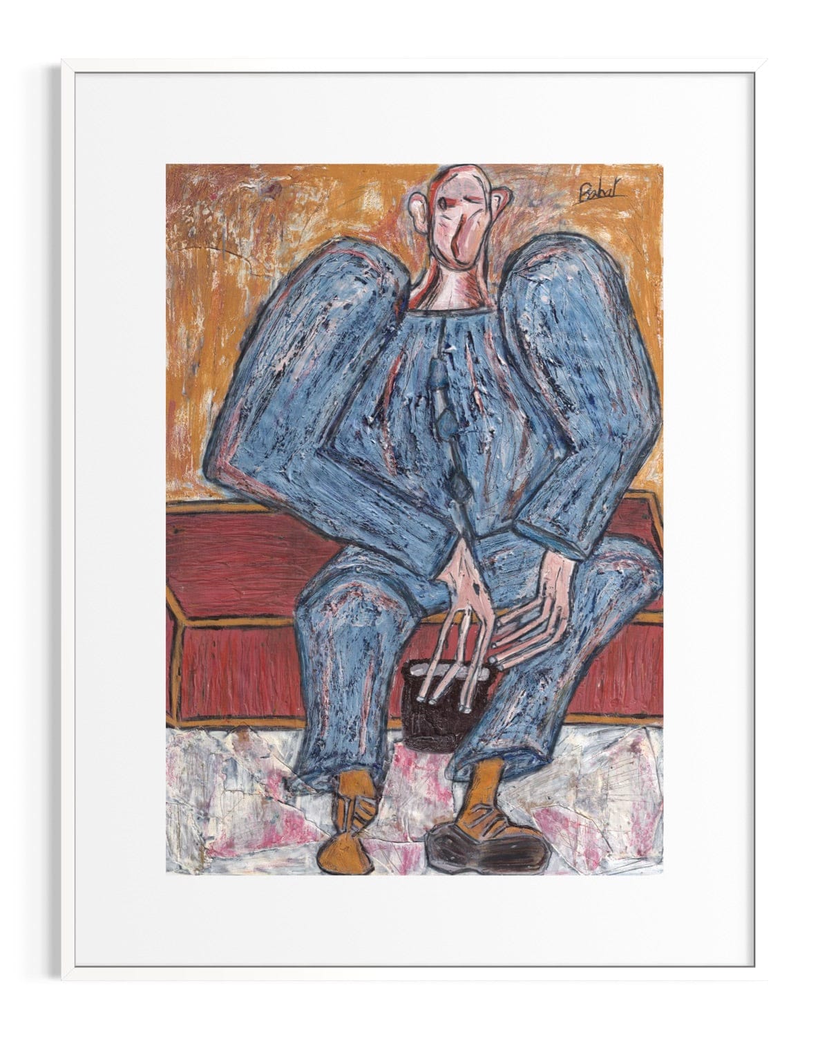 Artistic depiction of a person in a blue outfit sitting on a red bench with a white frame.