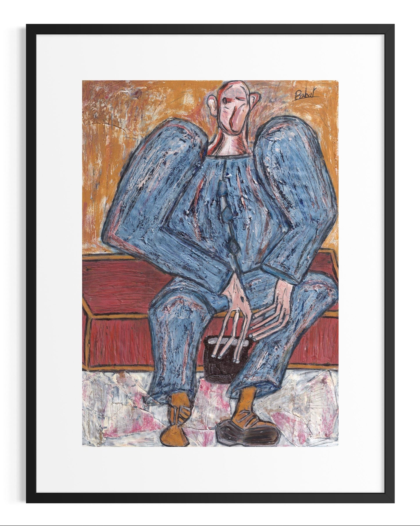 Framed abstract painting of a figure in blue attire on a white background