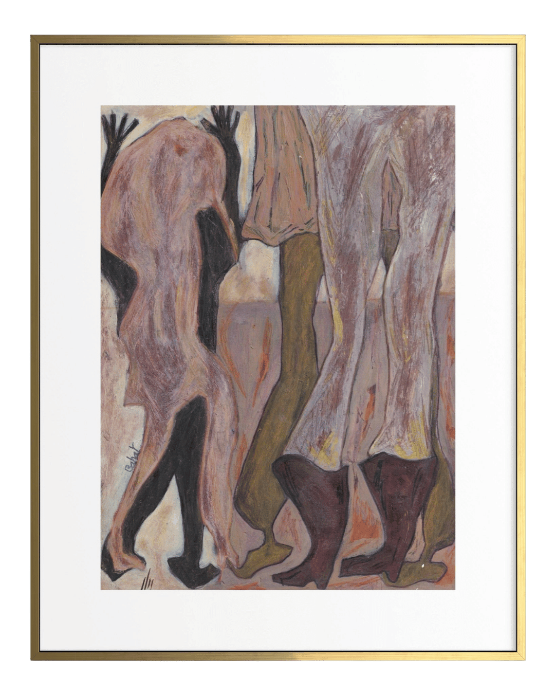 Abstract artwork with figures in a stylized manner, framed in gold.