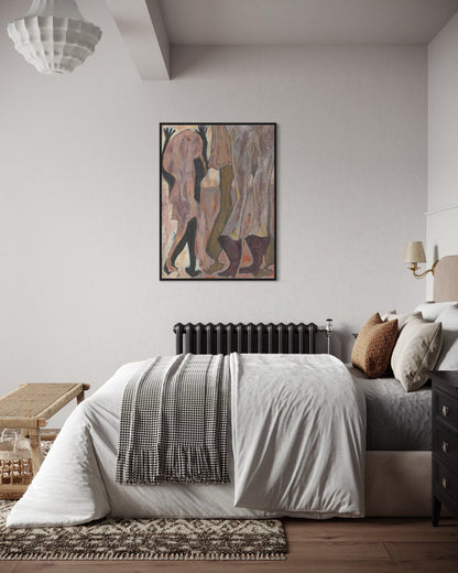 Modern bedroom with a bed, artwork on the wall, and decorative items.