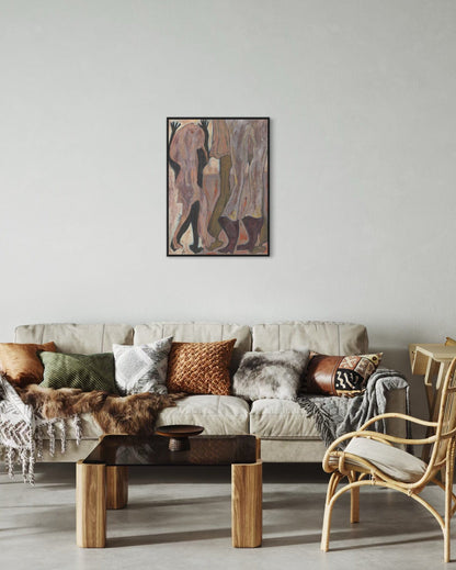 Living room with a beige sofa, wooden coffee table, and a wall art piece.