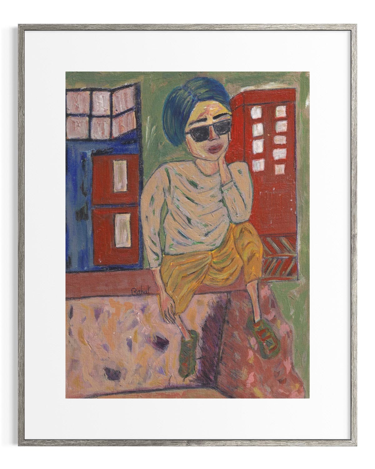 Framed artwork of a person sitting on a wall with colorful buildings in the background