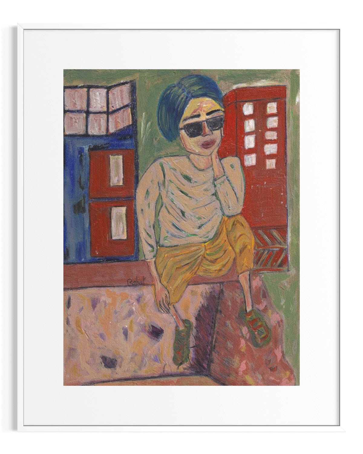 Artistic depiction of a person sitting with buildings in the background