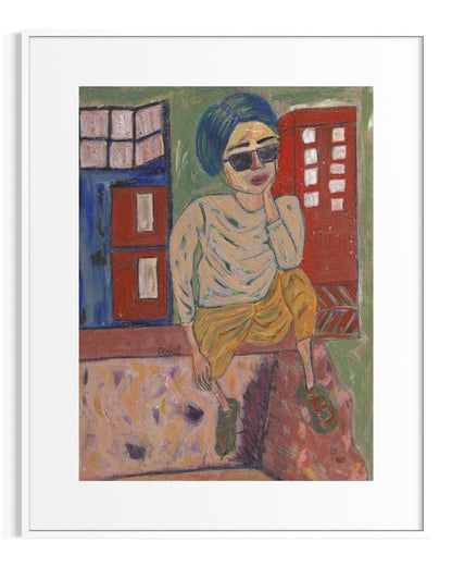 Artistic depiction of a person sitting with buildings in the background