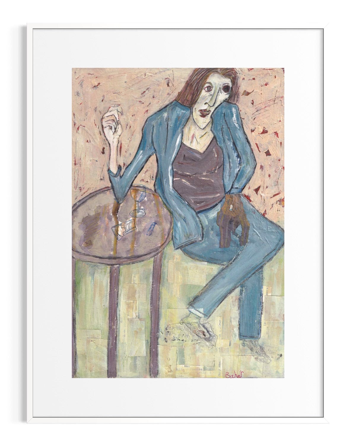 Artistic depiction of a person sitting at a table with a drink, framed in white.