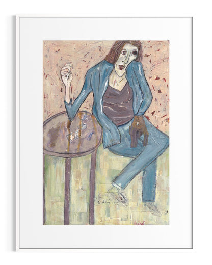 Artistic depiction of a person sitting at a table with a drink, framed in white.