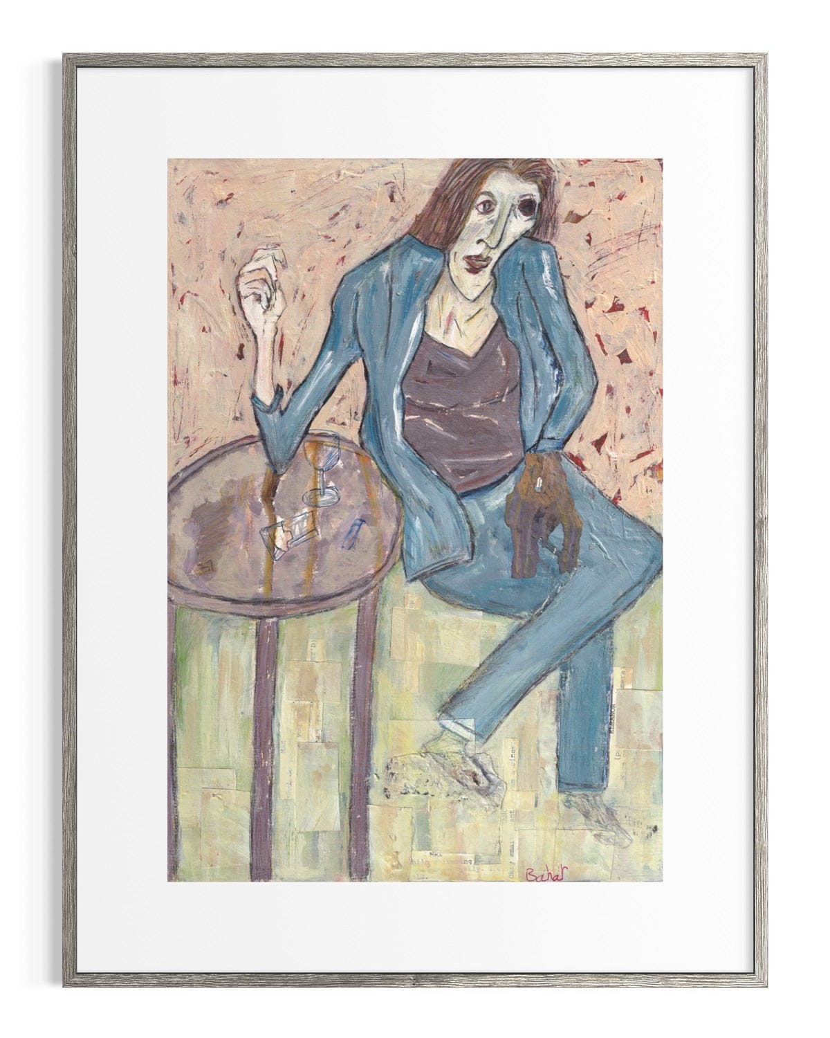 Framed artwork of a woman sitting at a table with a drink and a small dog.