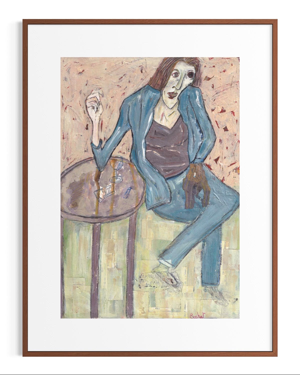 Artistic depiction of a person sitting at a table with a drink, framed in brown.