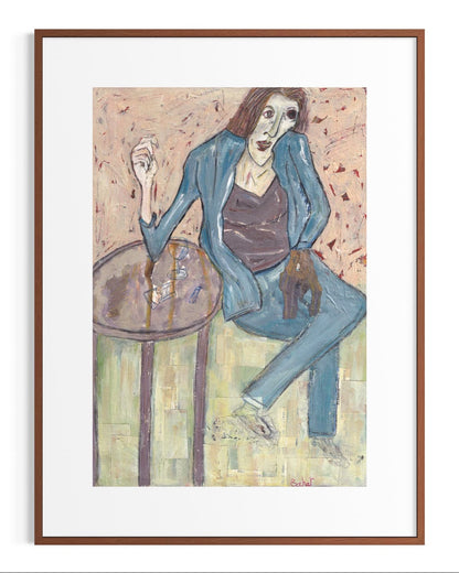 Artistic depiction of a person sitting at a table with a drink, framed in brown.