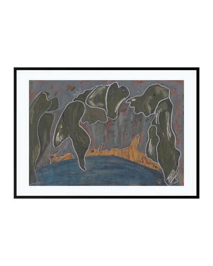 Expressionist painting titled "Beyond Fear," depicting two older women standing close in emotional solidarity