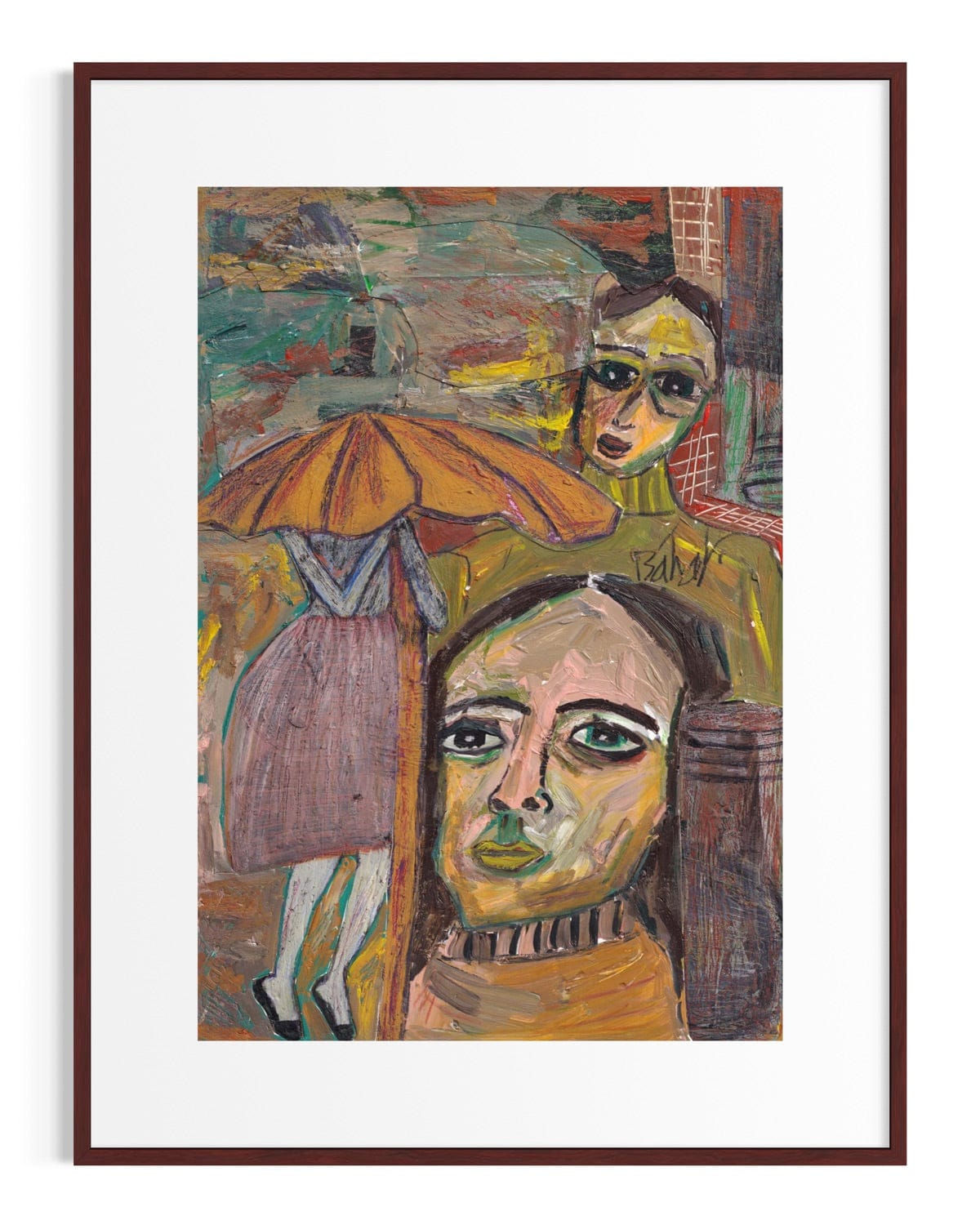 Framed artwork of two stylized figures with an umbrella on a colorful background.