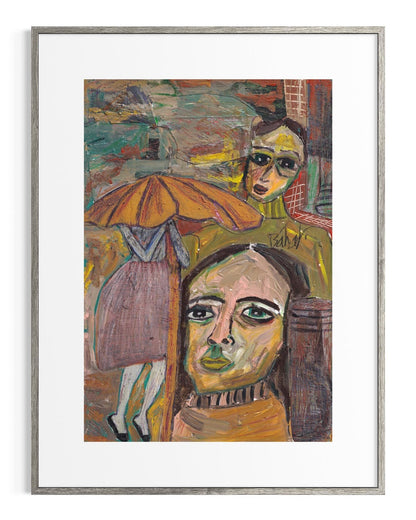 Framed artwork of two stylized figures with a yellow umbrella on a colorful background.