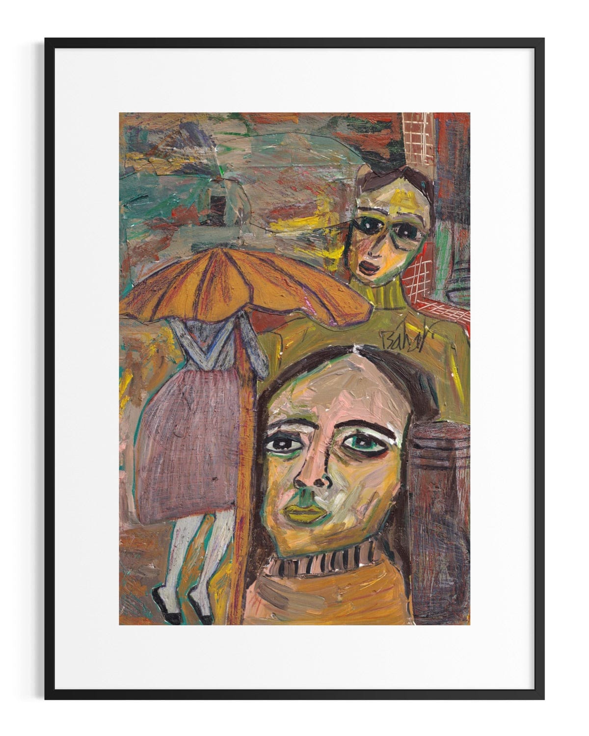 Framed artwork of two stylized figures with an umbrella on a colorful background.