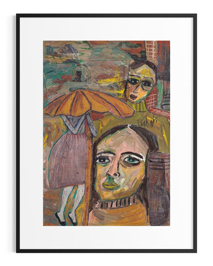 Framed artwork of two stylized figures with an umbrella on a colorful background.