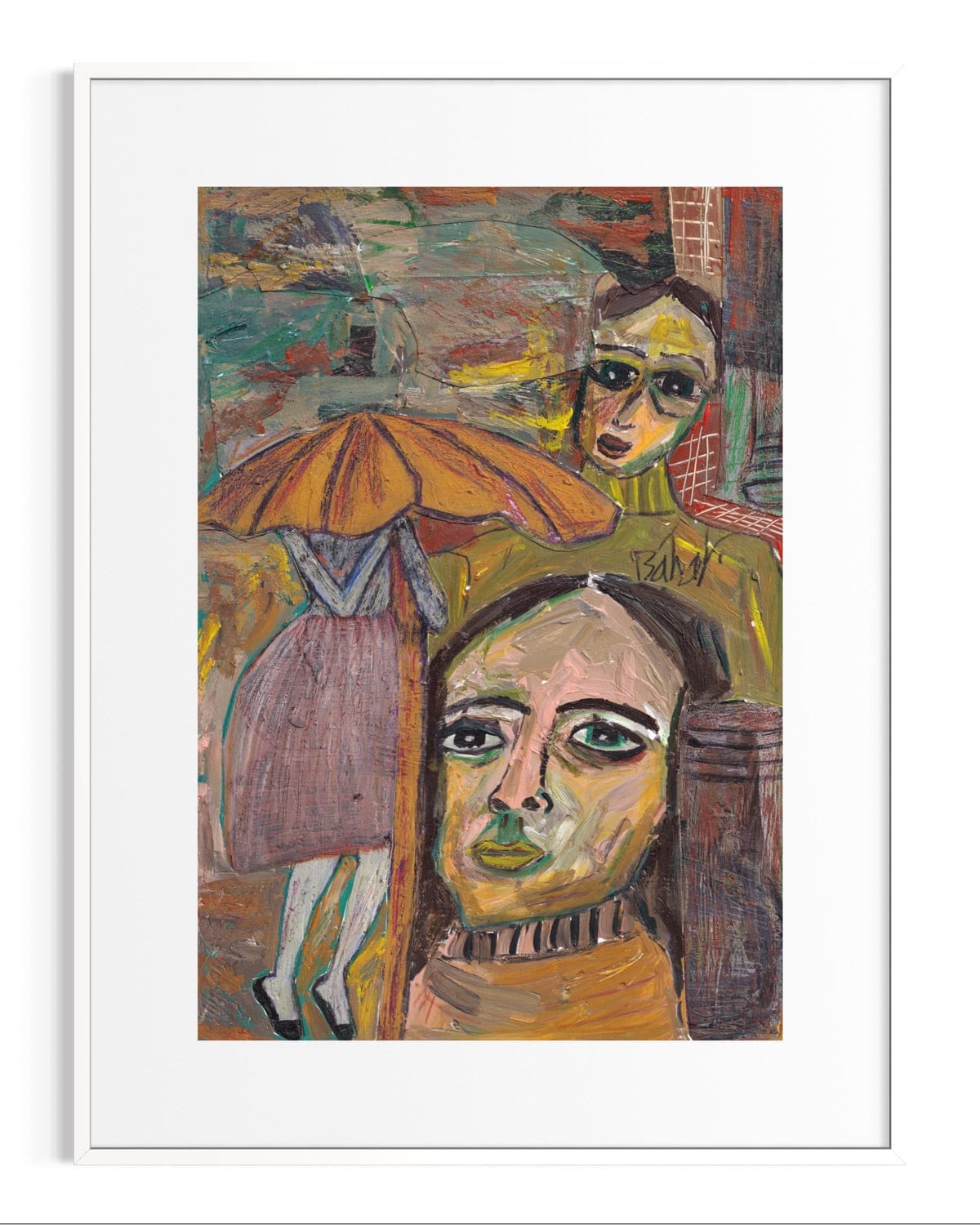 Framed artwork of two stylized figures with an umbrella on a colorful background.