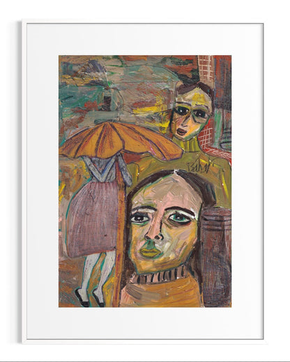 Framed artwork of two stylized figures with an umbrella on a colorful background.
