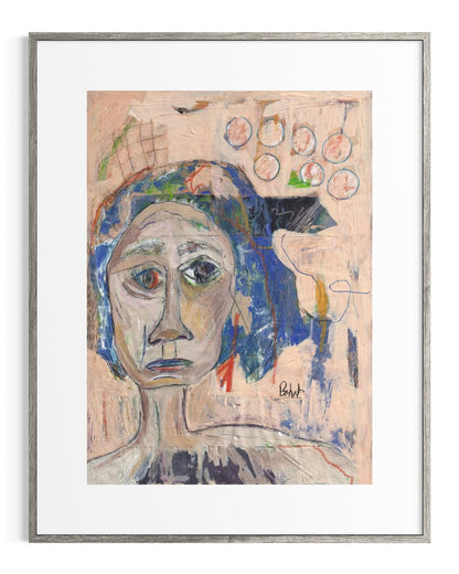 Framed abstract artwork with a face-like figure on a beige background