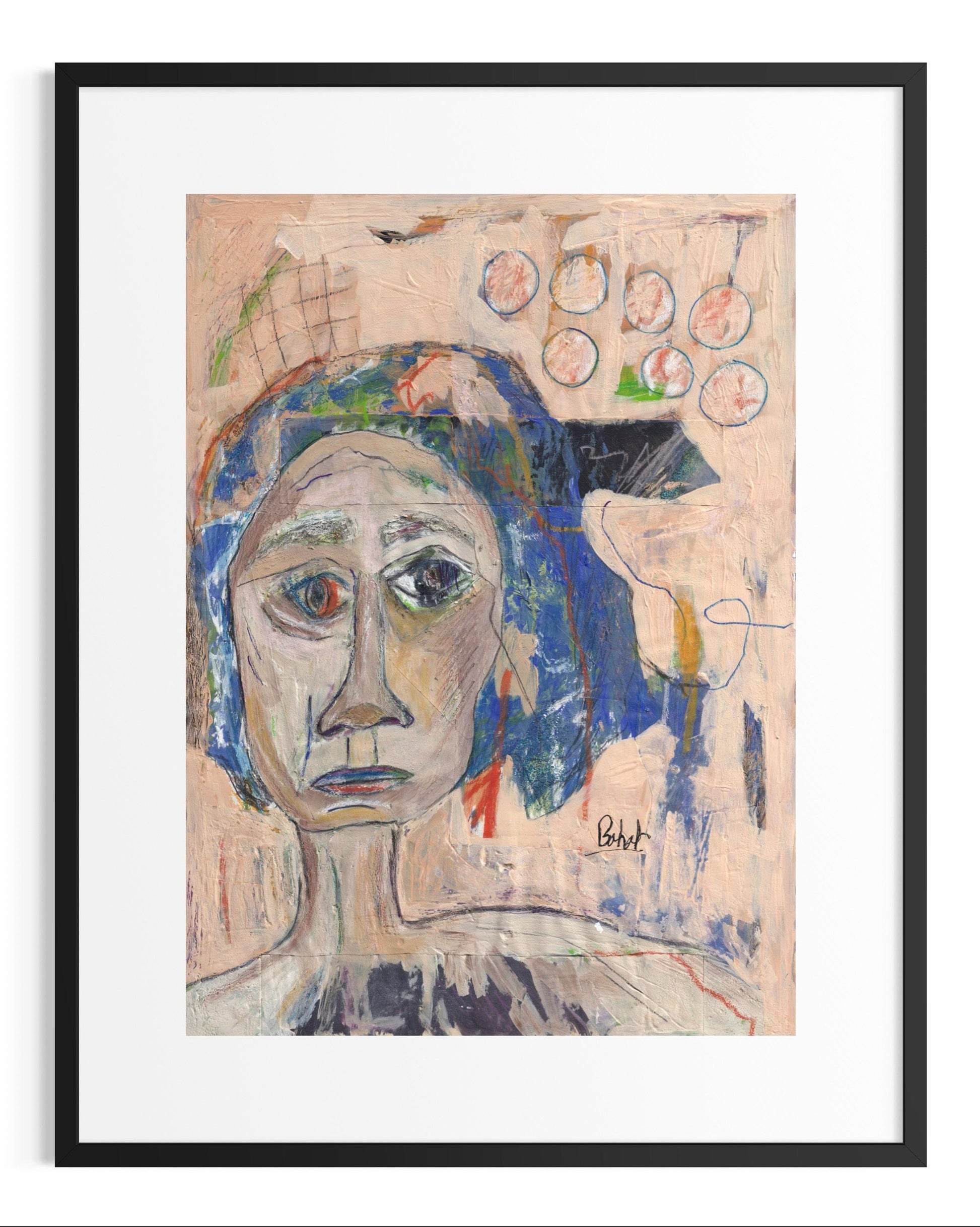 Framed abstract artwork with a face-like figure and geometric elements.