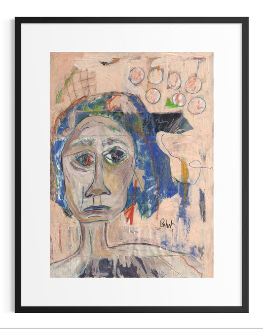 Framed abstract artwork with a face-like figure and geometric elements.