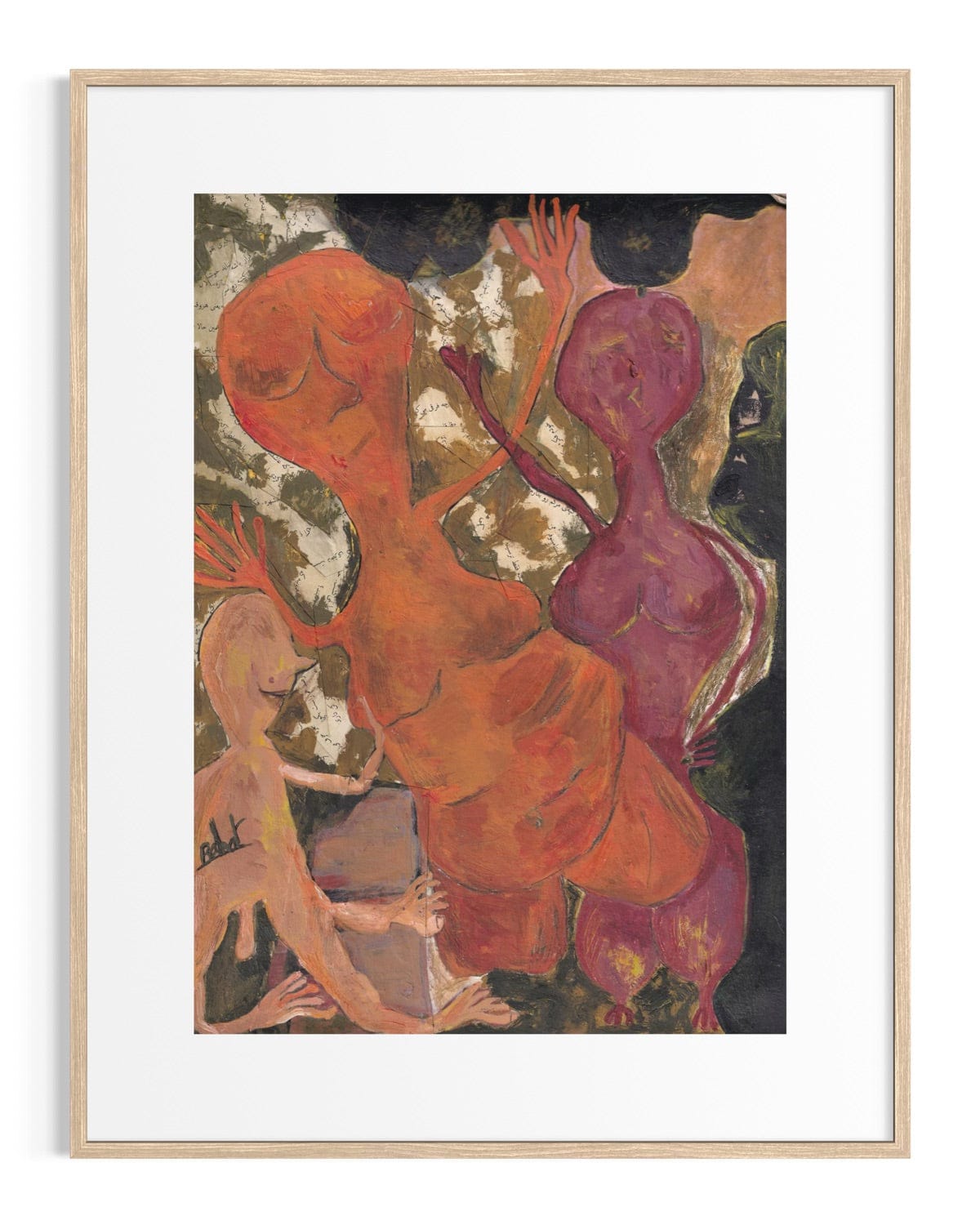 Framed abstract artwork with orange, purple, and brown figures on a black background.