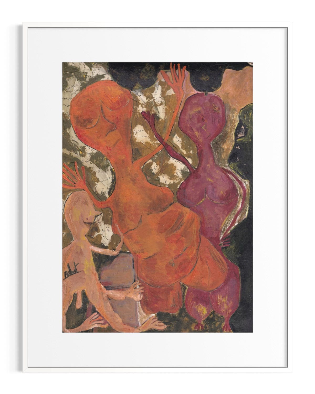 Abstract artwork with orange and purple figures on a textured background