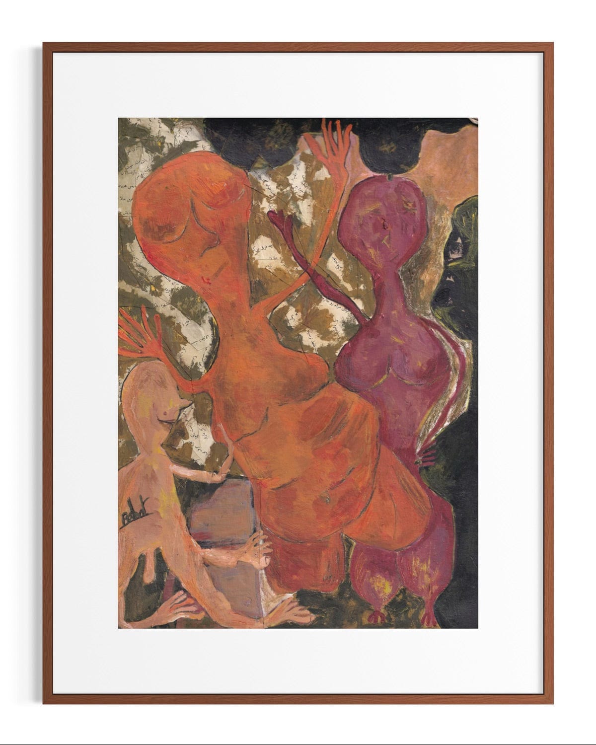 Framed abstract artwork with figures in orange and purple against a textured background