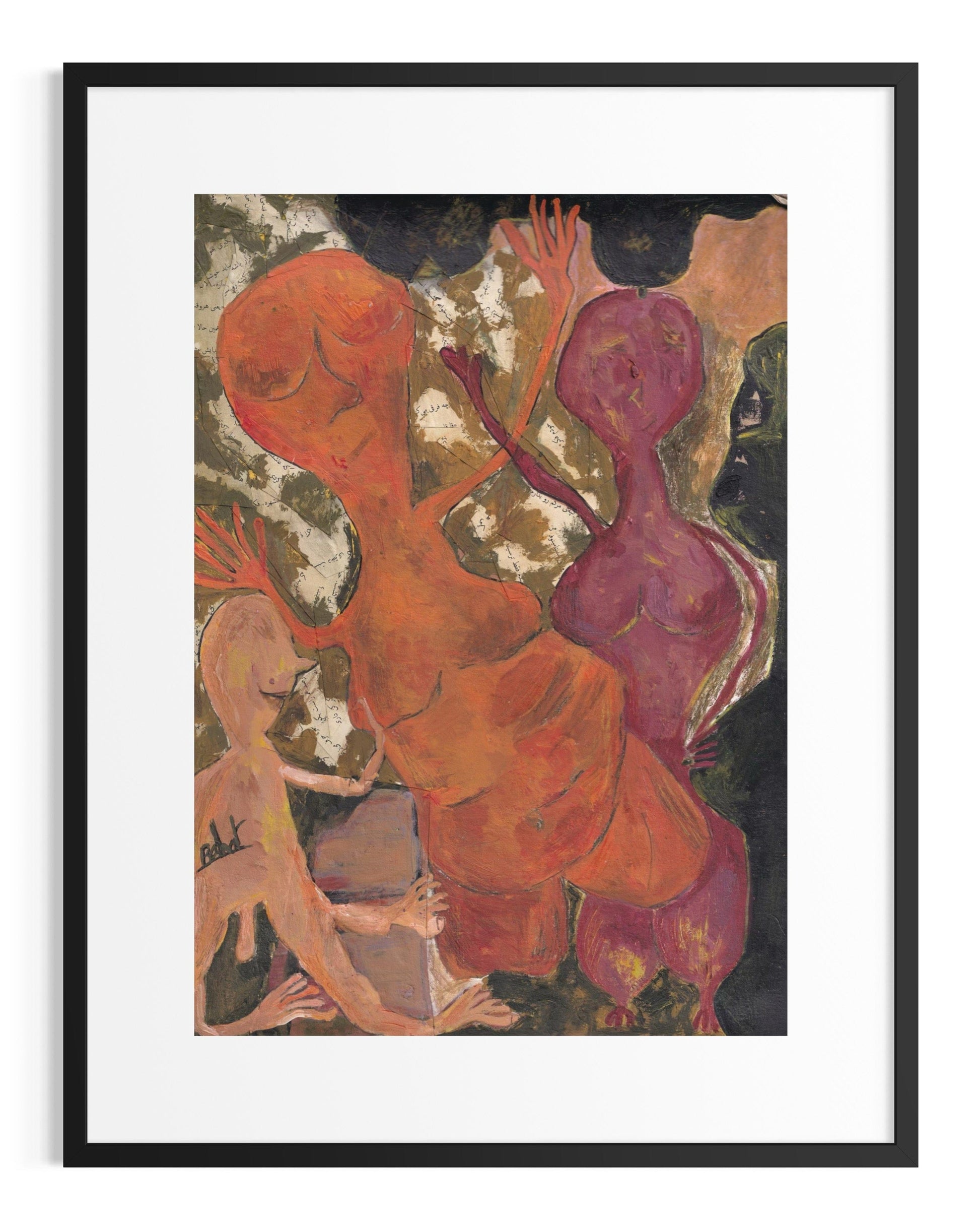 Abstract artwork of three figures in orange, purple, and brown with a black frame.