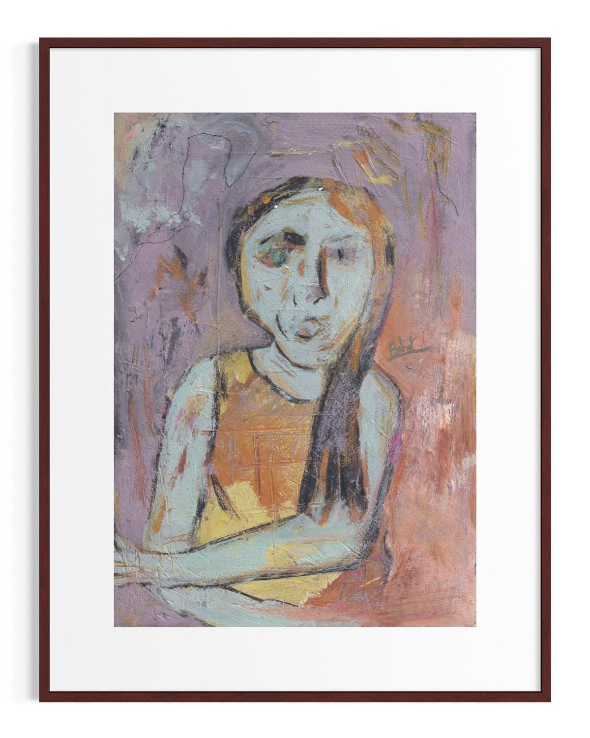 Framed abstract painting of a woman with a purple background