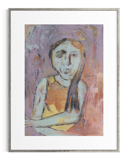 Framed abstract painting of a woman with a purple background